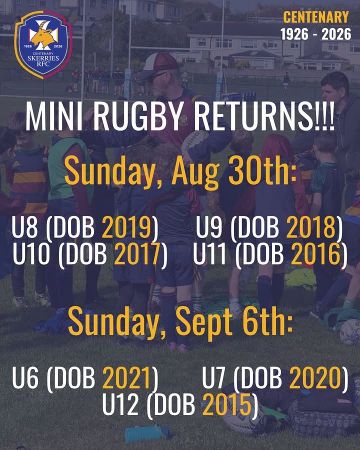 ‼️ Mini rugby is back this Sunday at @skerriesrugbyclub 🎉