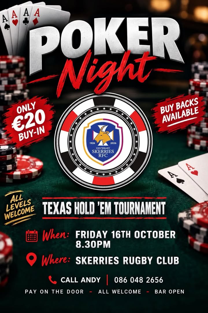 🚨TONIGHT!! Poker night at Skerries Rugby Club 🚨